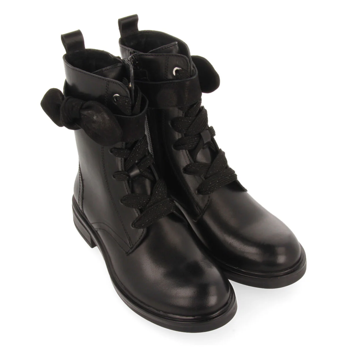 Vian children's black leather lace-up ankle boots with decorative bow - Image 3