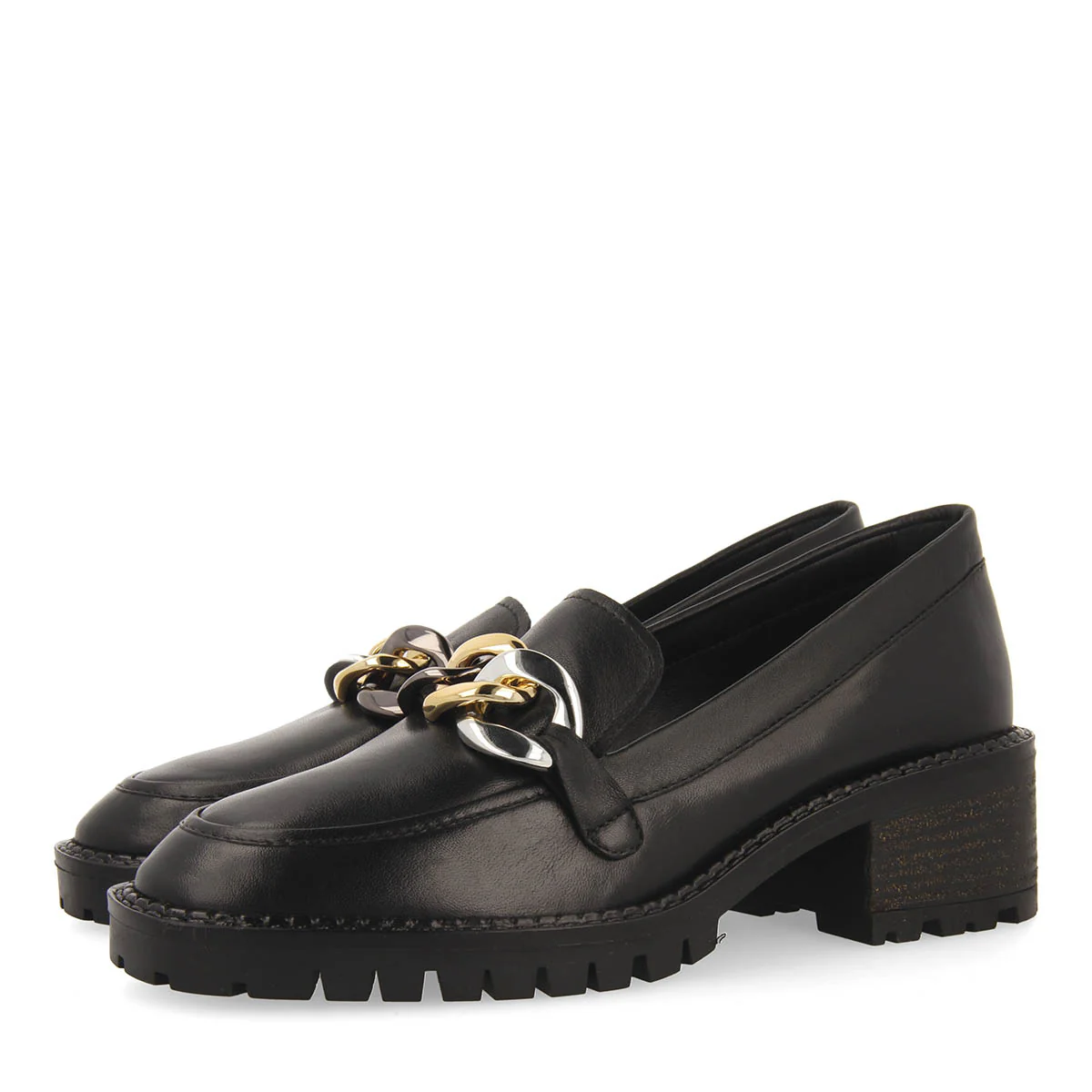 Viena women's black leather moccasins with decorative multicoloured chain - Image 3