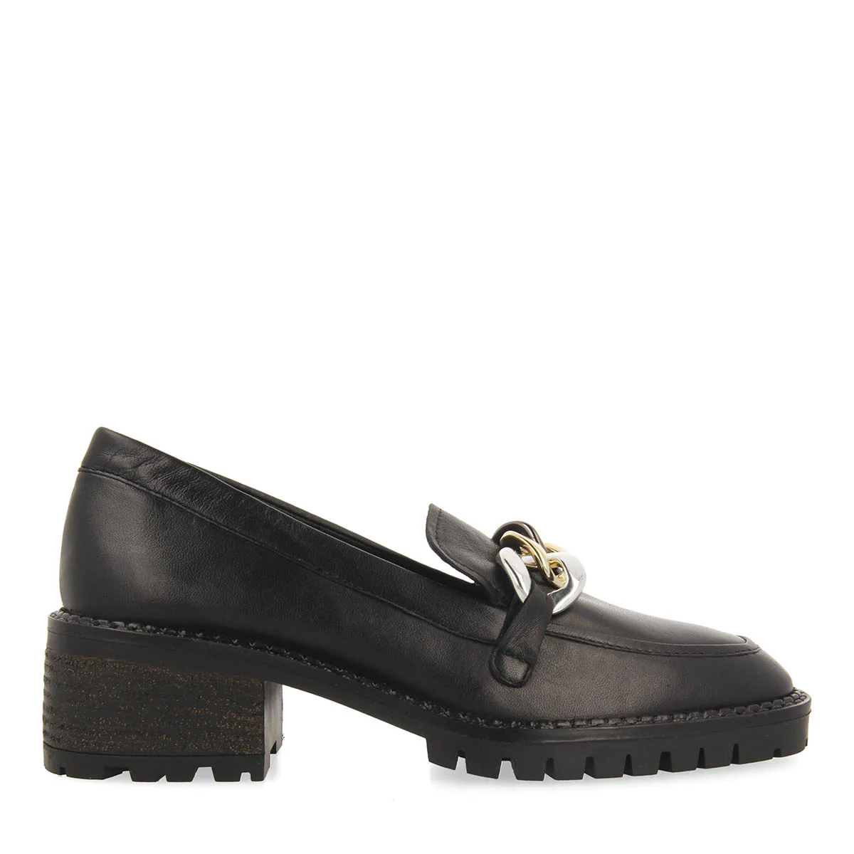 Viena women's black leather moccasins with decorative multicoloured chain - Image 4