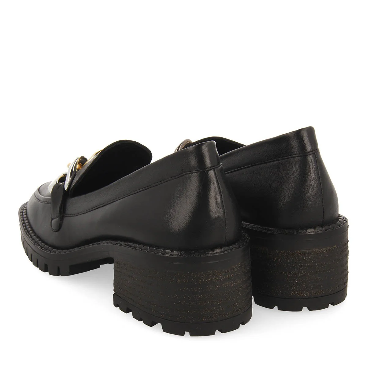 Viena women's black leather moccasins with decorative multicoloured chain - Image 5