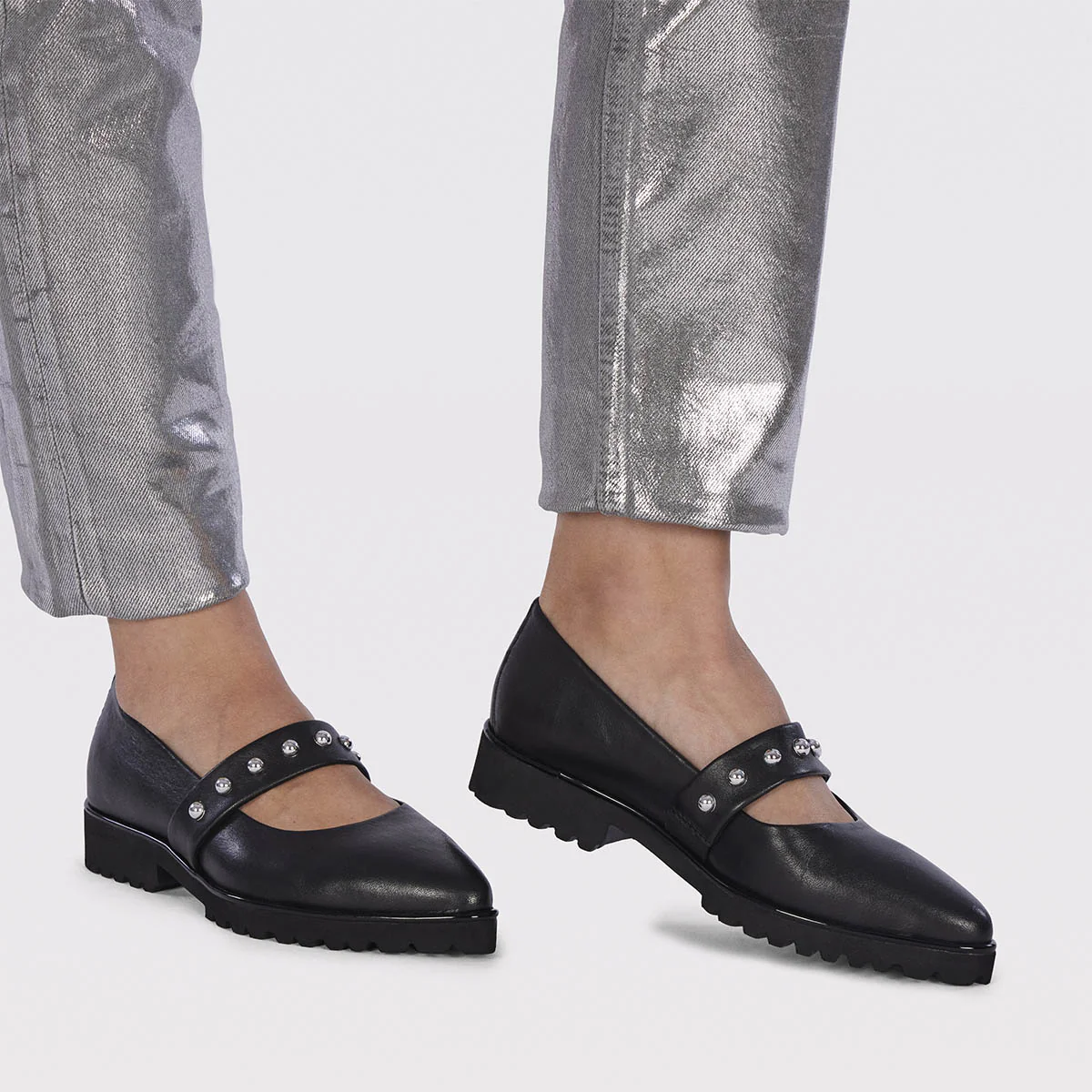 Waldegg women's black leather ballet flats with a studded strap - Image 2