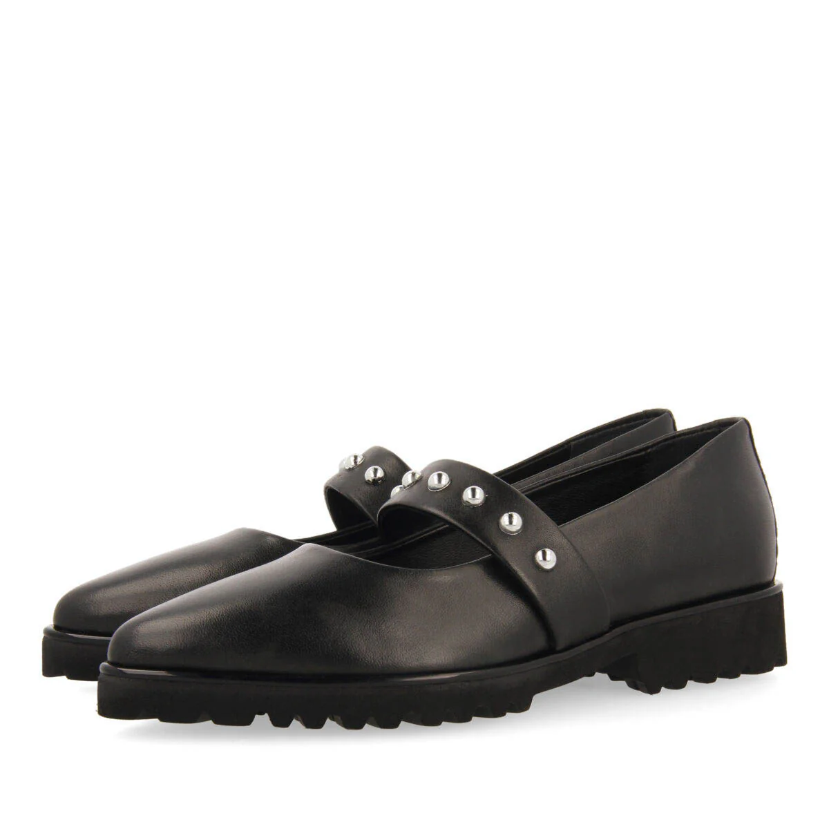 Waldegg women's black leather ballet flats with a studded strap - Image 3