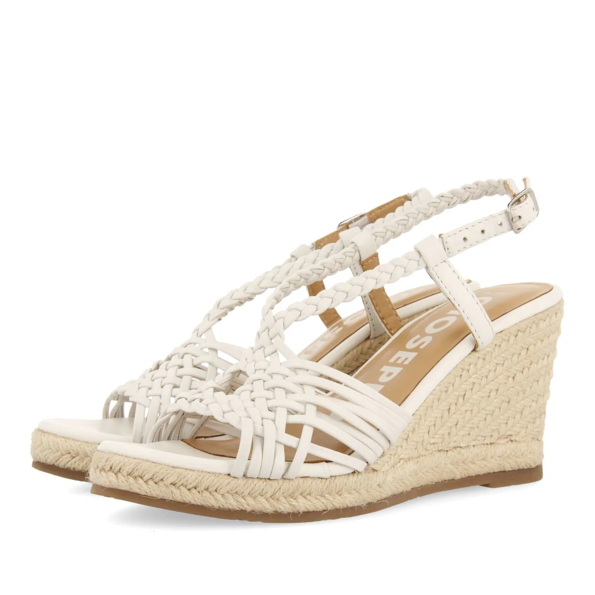 WHITE LEATHER SANDALS WITH STRAPS AND HIGH JUTE WEDGE FOR WOMEN GLIDE - Image 2